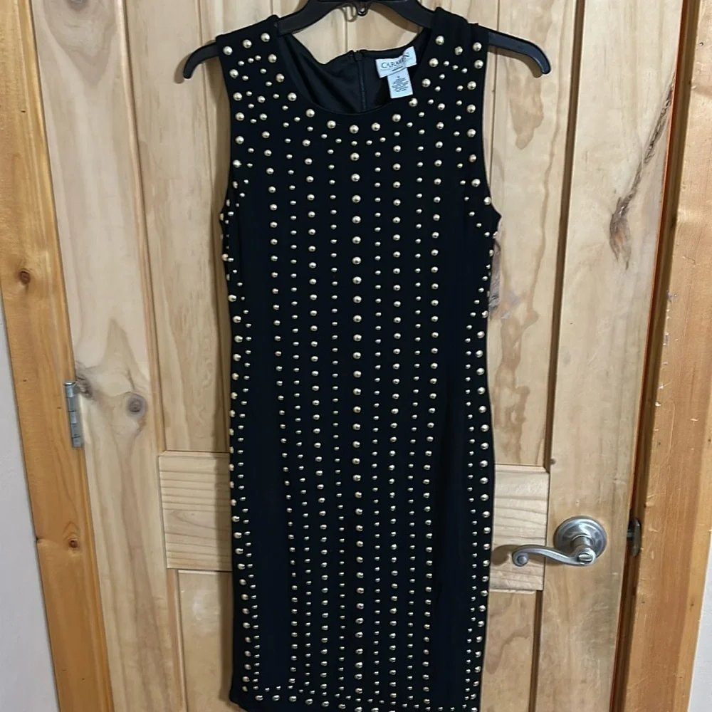 Carmen Marc Valvo Black Gold Studded Dress - Picture 1 of 5